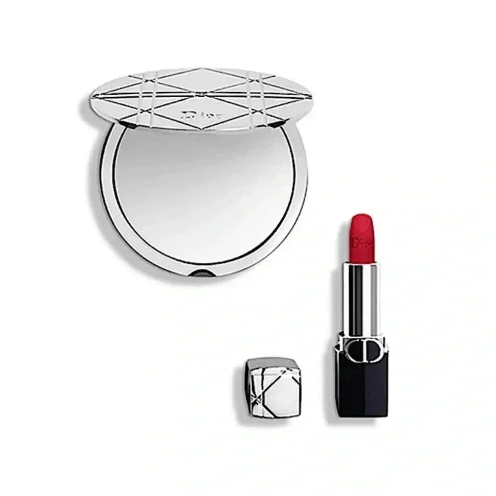 DIOR Silver Cannage Metal Double Sided Mirror and Lipstick Set - Picture 1 of 5